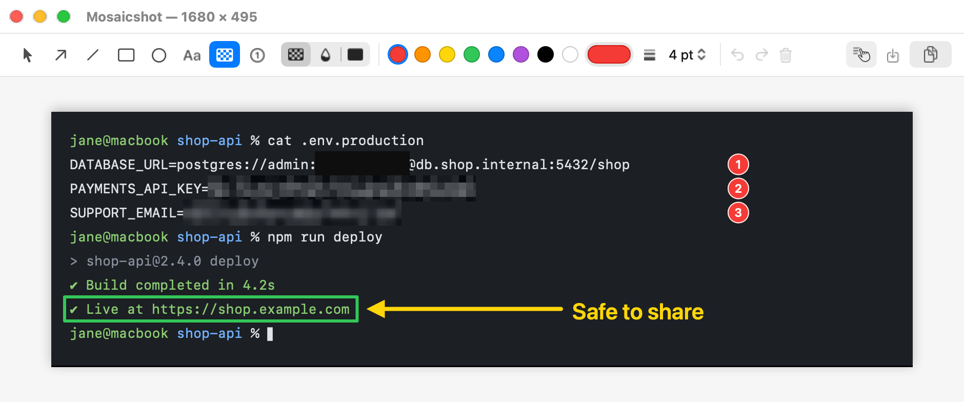 The Mosaicshot editor showing a terminal screenshot: a password covered with a solid block, an API key pixelated and an email blurred, with numbered markers, a green box and an arrow.