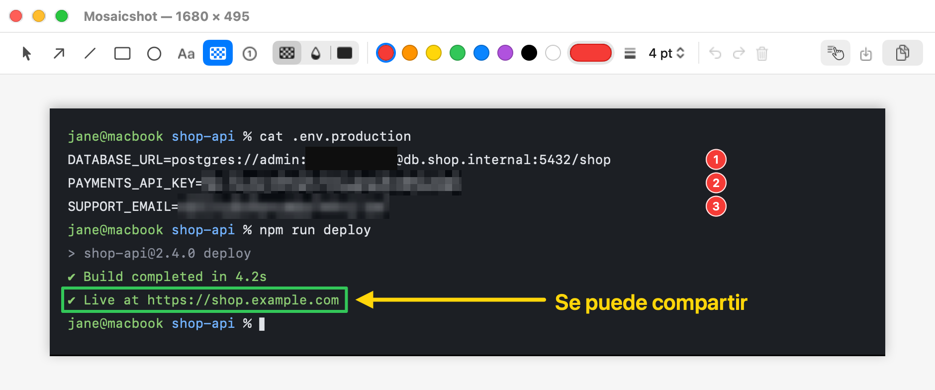 El editor de Mosaicshot con una captura de un terminal: una contraseña tapada con un bloque sólido, una clave de API pixelada y un email desenfocado, con marcadores numerados, un recuadro verde y una flecha.