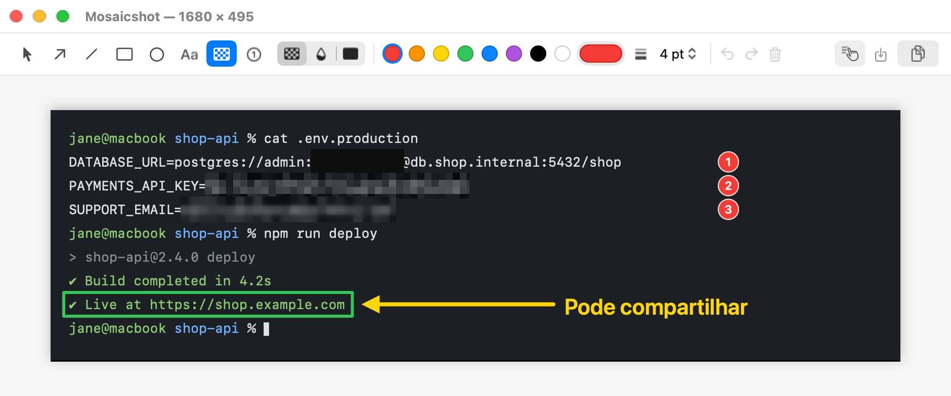 O editor do Mosaicshot com uma captura de um terminal: uma senha coberta com um bloco sólido, uma chave de API pixelizada e um e-mail desfocado, com marcadores numerados, uma caixa verde e uma seta.